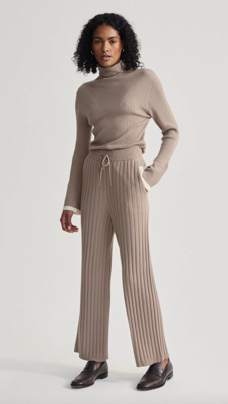 NWT/NWOT Varley Ravena Simeon Rib Knit 2 Piece Sweater Pant Set Taupe Medium